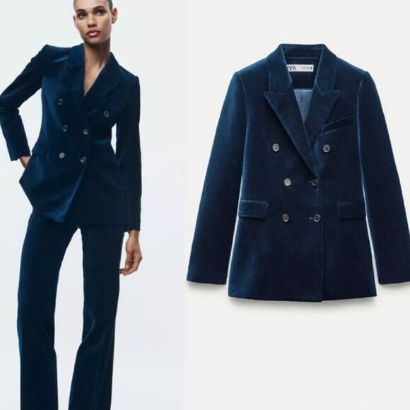 ZARA ZW Collection Velvet Double Breasted Blazer MIDNIGHT BLUE Size L LARGE nwt - Picture 1 of 12